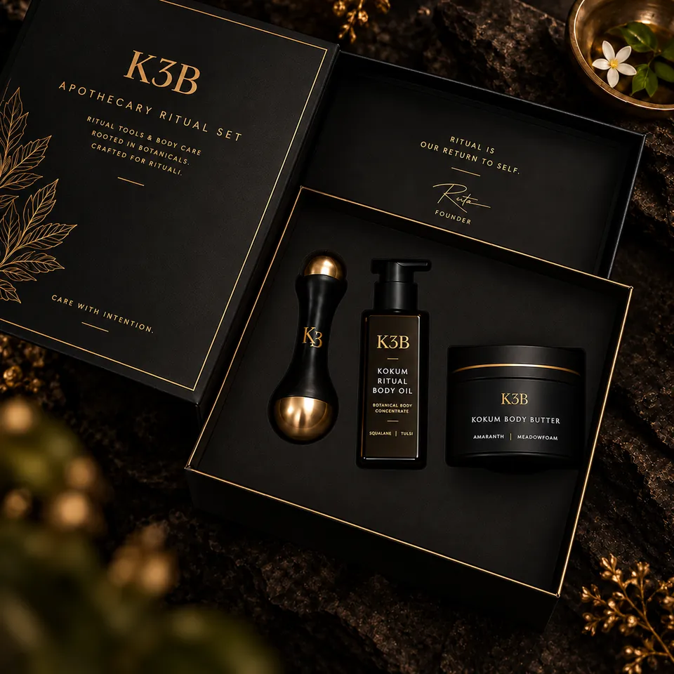 The K3B Apothecary Ritual Set: the Dual Kansa Wand, Kokum Ritual Body Oil and Kokum Body Cream presented in a black and gold box