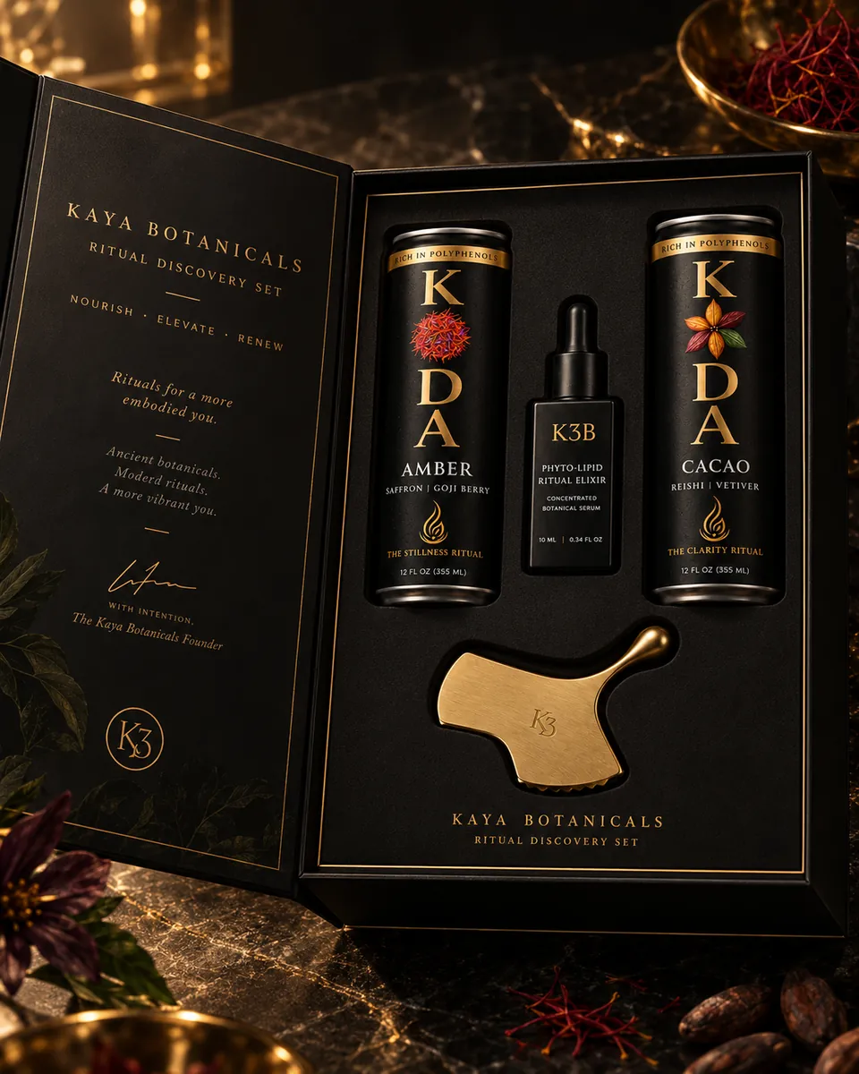 The Kaya Botanicals Ritual Discovery Set: KODA AMBER and CACAO cans, the K3B Phyto-Lipid Ritual Elixir and a kansa ritual instrument, presented in a black and gold box