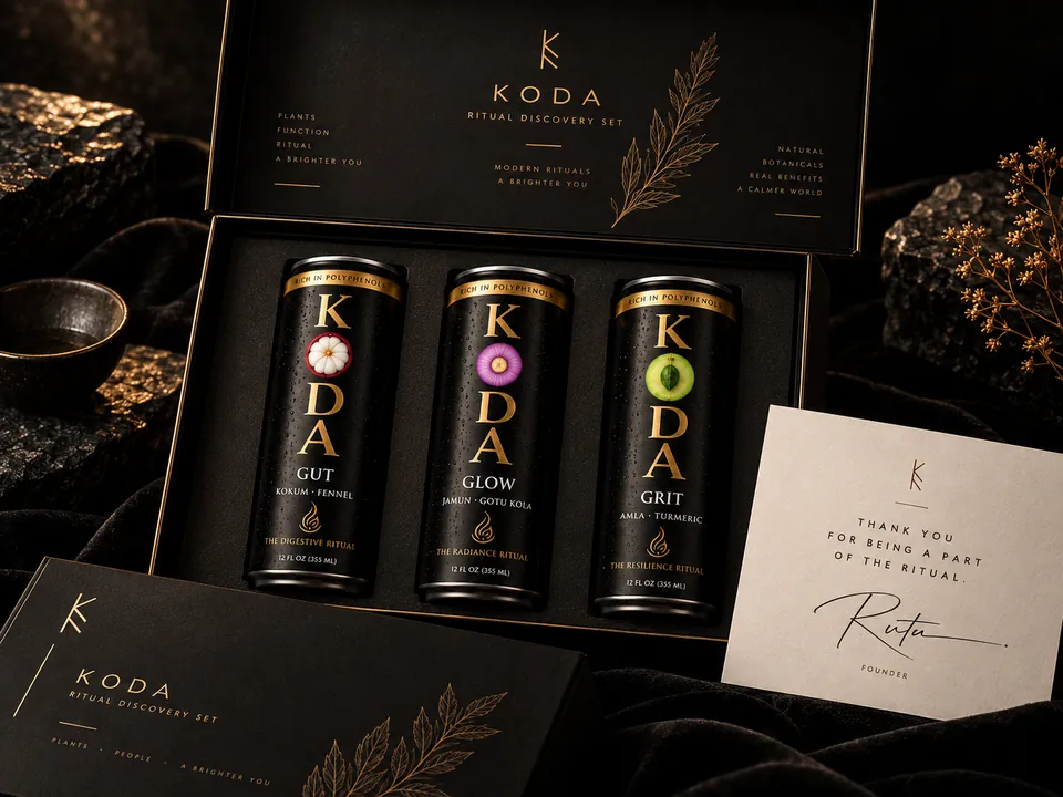 The KODA Ritual Discovery Set: GUT, GLOW and GRIT cans presented in a black and gold box with a founder card signed Rutu
