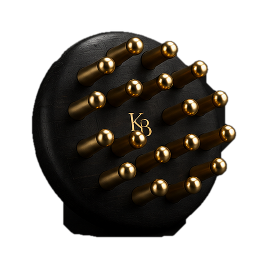 K3B Kansa Scalp Ritual Massager — matte black body with kansa bronze nodes