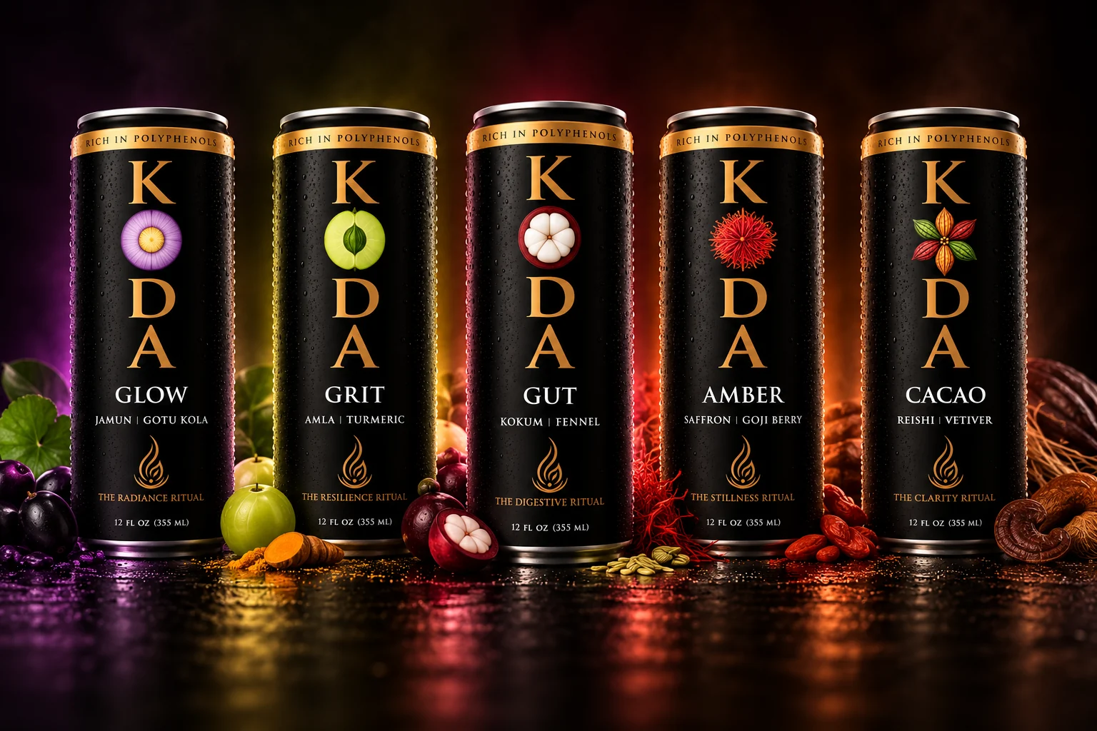 Five KODA botanical ritual beverages &mdash; GLOW, GRIT, GUT, AMBER and CACAO